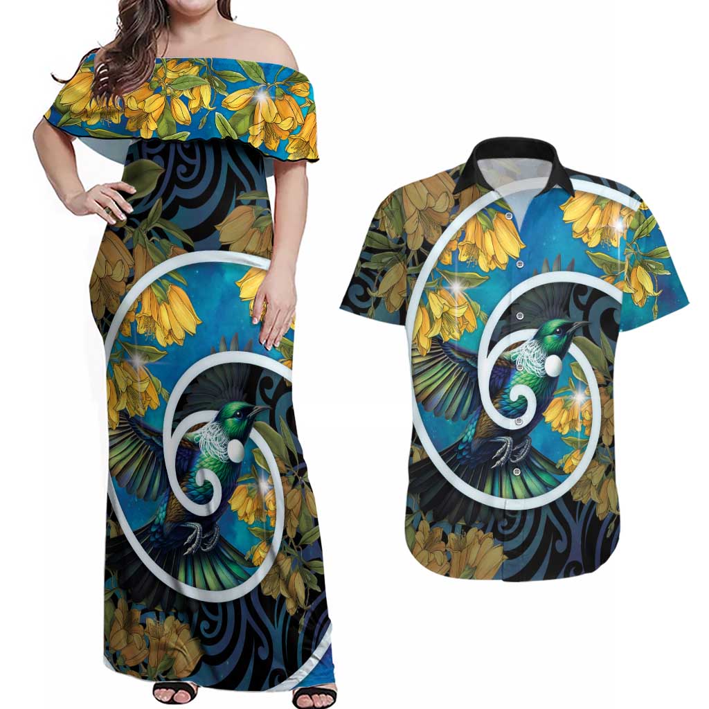 New Zealand Tui Bird Couples Matching Off Shoulder Maxi Dress and Hawaiian Shirt Maori Koru With Kowhai Flowers