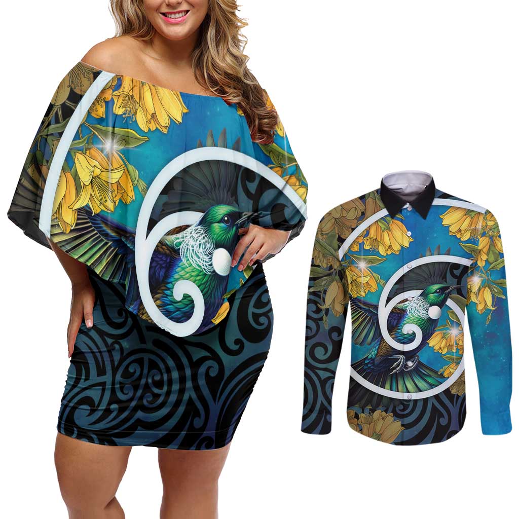 New Zealand Tui Bird Couples Matching Off Shoulder Short Dress and Long Sleeve Button Shirt Maori Koru With Kowhai Flowers