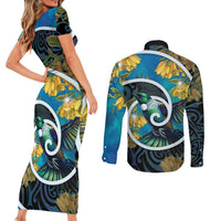 New Zealand Tui Bird Couples Matching Short Sleeve Bodycon Dress and Long Sleeve Button Shirt Maori Koru With Kowhai Flowers LT05 - Polynesian Pride