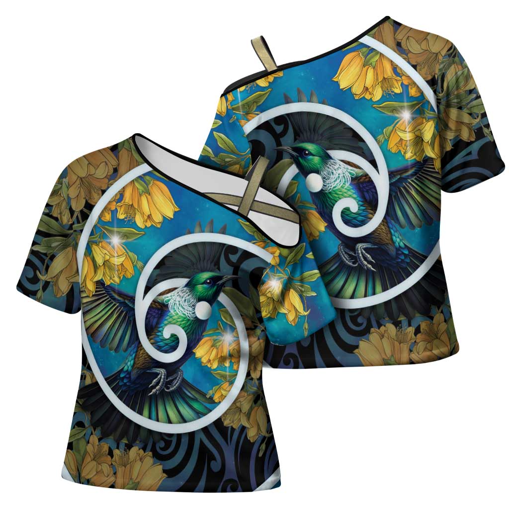 New Zealand Tui Bird Cross Shoulder Shirt Maori Koru With Kowhai Flowers