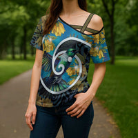New Zealand Tui Bird Cross Shoulder Shirt Maori Koru With Kowhai Flowers
