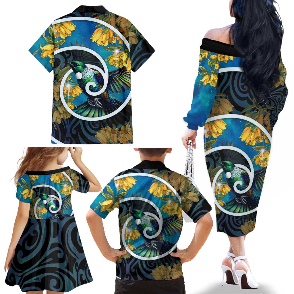 New Zealand Tui Bird Family Matching Off The Shoulder Long Sleeve Dress and Hawaiian Shirt Maori Koru With Kowhai Flowers LT05 - Polynesian Pride