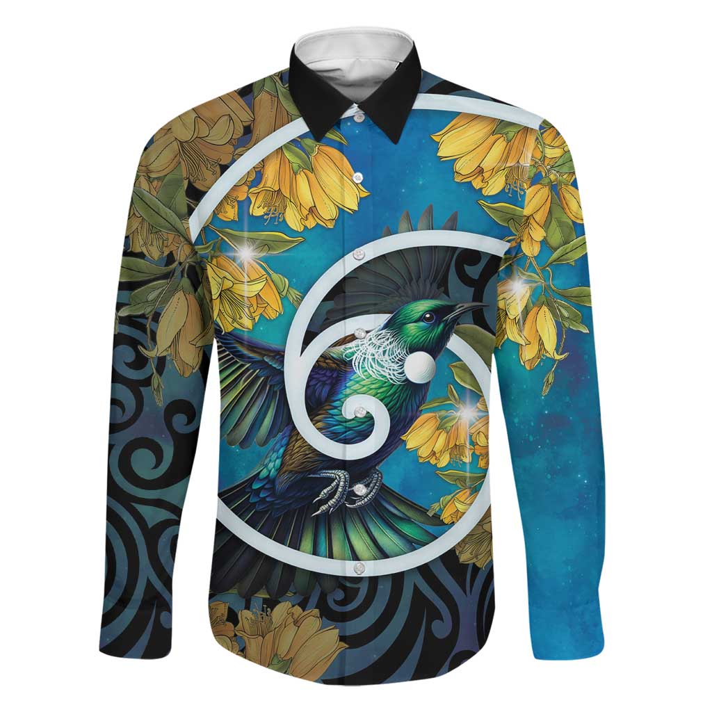 New Zealand Tui Bird Family Matching Off The Shoulder Long Sleeve Dress and Hawaiian Shirt Maori Koru With Kowhai Flowers LT05 Dad's Shirt - Long Sleeve Black - Polynesian Pride