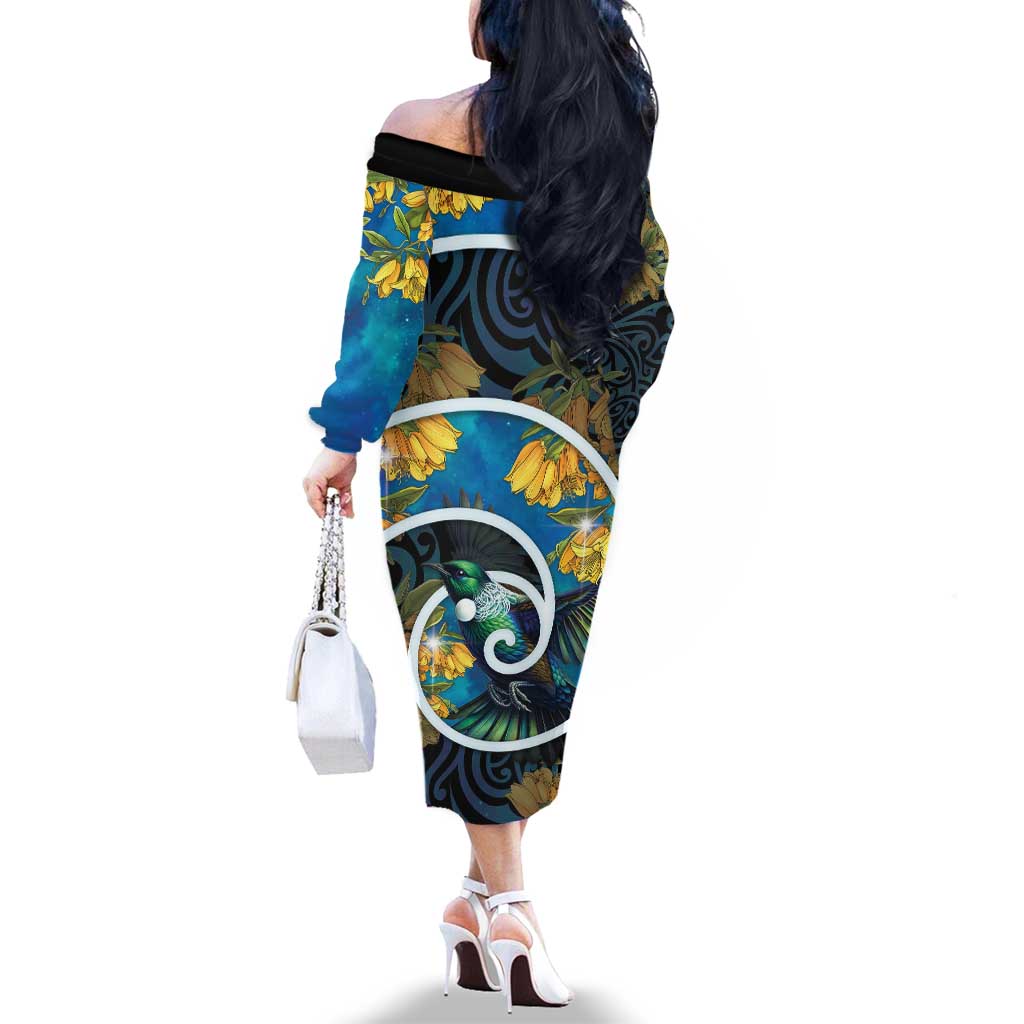 New Zealand Tui Bird Family Matching Off The Shoulder Long Sleeve Dress and Hawaiian Shirt Maori Koru With Kowhai Flowers LT05 - Polynesian Pride