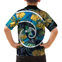 New Zealand Tui Bird Family Matching Off Shoulder Maxi Dress and Hawaiian Shirt Maori Koru With Kowhai Flowers LT05 - Polynesian Pride