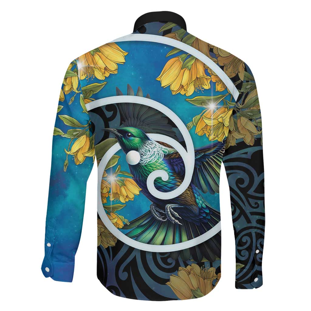 New Zealand Tui Bird Family Matching Off Shoulder Maxi Dress and Hawaiian Shirt Maori Koru With Kowhai Flowers LT05 - Polynesian Pride