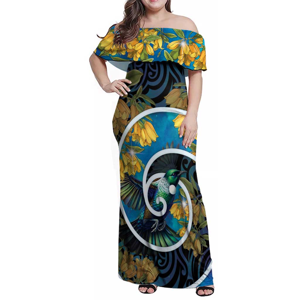 New Zealand Tui Bird Family Matching Off Shoulder Maxi Dress and Hawaiian Shirt Maori Koru With Kowhai Flowers LT05 Mom's Dress Black - Polynesian Pride