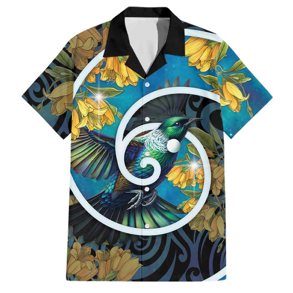 New Zealand Tui Bird Family Matching Off Shoulder Short Dress and Hawaiian Shirt Maori Koru With Kowhai Flowers LT05 Dad's Shirt - Short Sleeve Black - Polynesian Pride