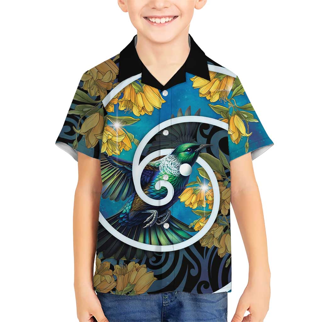 New Zealand Tui Bird Family Matching Off Shoulder Short Dress and Hawaiian Shirt Maori Koru With Kowhai Flowers LT05 Son's Shirt Black - Polynesian Pride