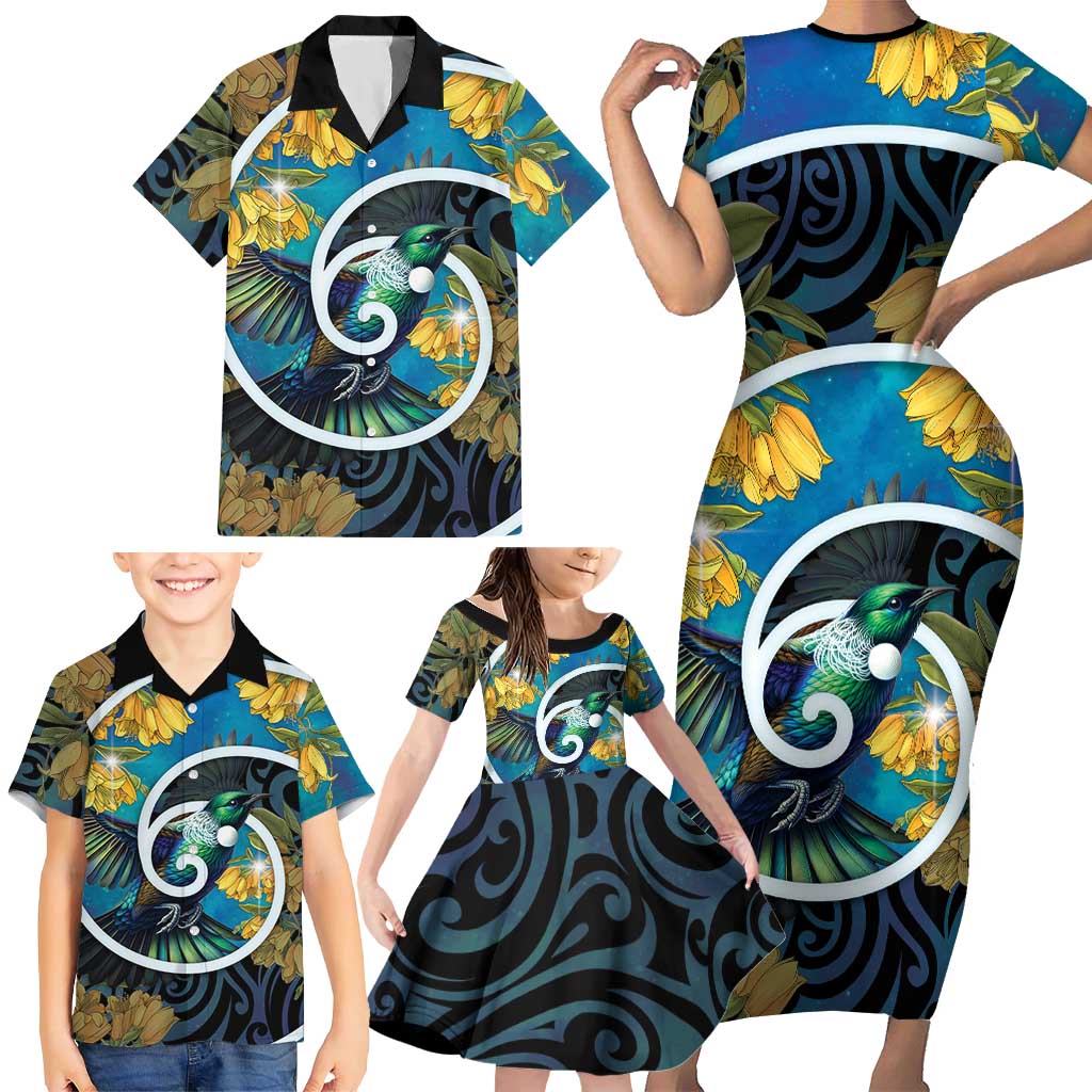 New Zealand Tui Bird Family Matching Short Sleeve Bodycon Dress and Hawaiian Shirt Maori Koru With Kowhai Flowers