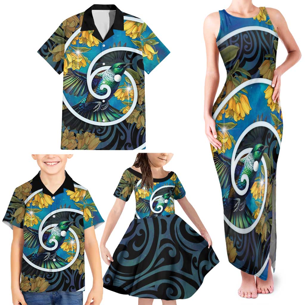 New Zealand Tui Bird Family Matching Tank Maxi Dress and Hawaiian Shirt Maori Koru With Kowhai Flowers