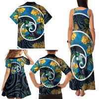 New Zealand Tui Bird Family Matching Tank Maxi Dress and Hawaiian Shirt Maori Koru With Kowhai Flowers LT05 - Polynesian Pride