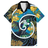 New Zealand Tui Bird Family Matching Tank Maxi Dress and Hawaiian Shirt Maori Koru With Kowhai Flowers LT05 Dad's Shirt - Short Sleeve Black - Polynesian Pride
