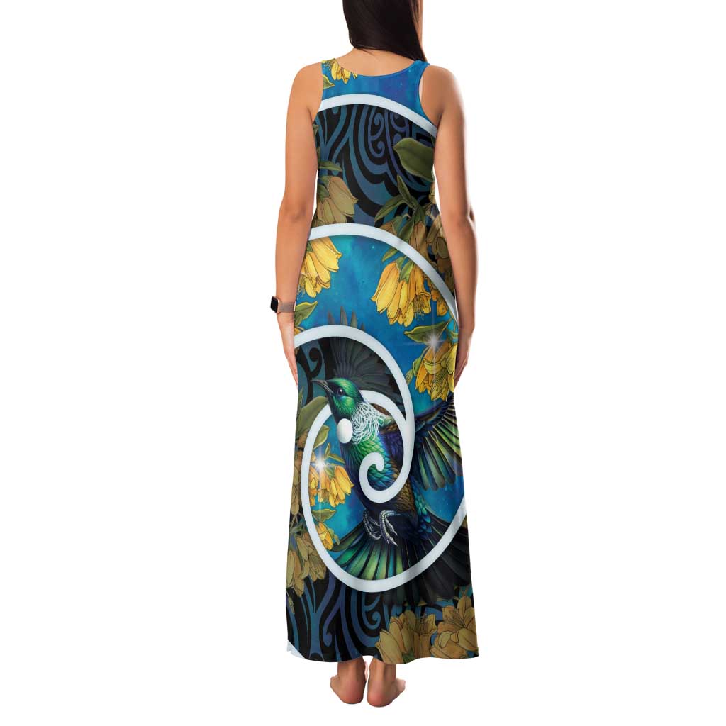 New Zealand Tui Bird Family Matching Tank Maxi Dress and Hawaiian Shirt Maori Koru With Kowhai Flowers LT05 - Polynesian Pride