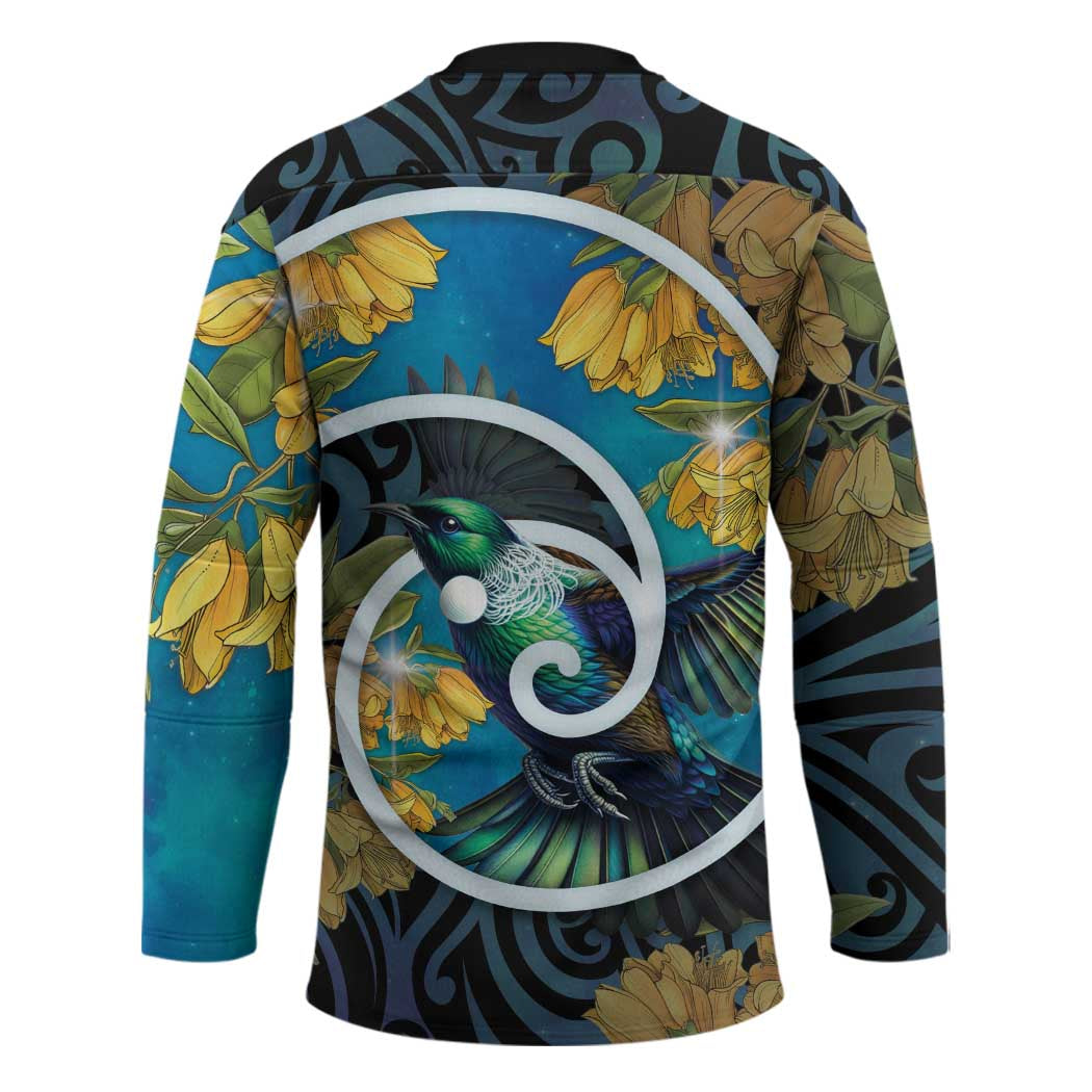 New Zealand Tui Bird Hockey Jersey Maori Koru With Kowhai Flowers