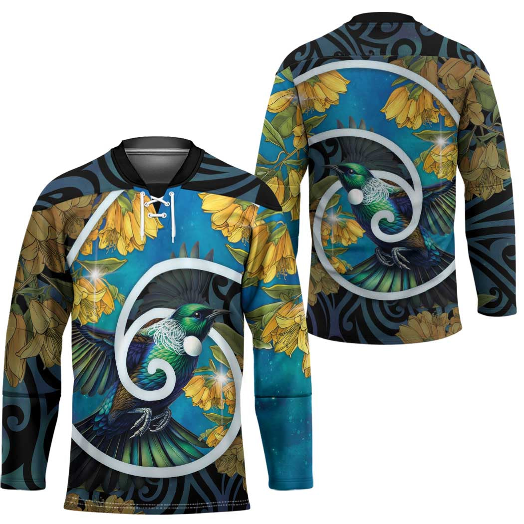 New Zealand Tui Bird Hockey Jersey Maori Koru With Kowhai Flowers