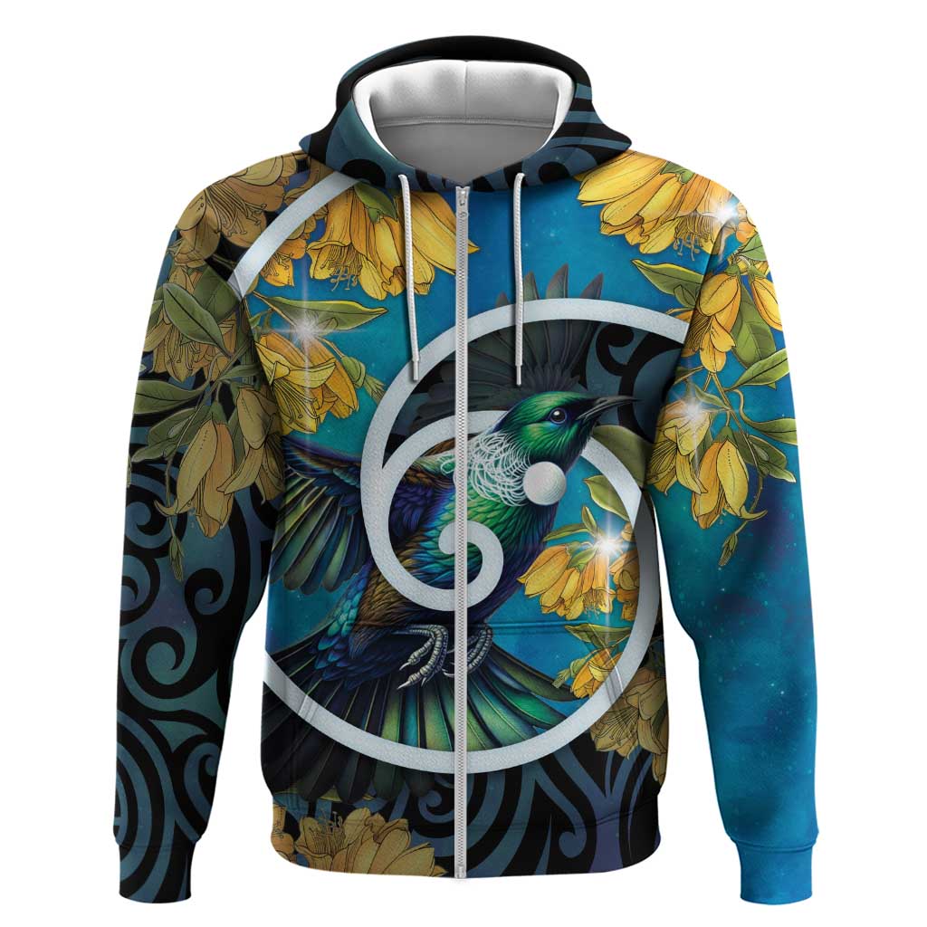 New Zealand Tui Bird Hoodie Maori Koru With Kowhai Flowers