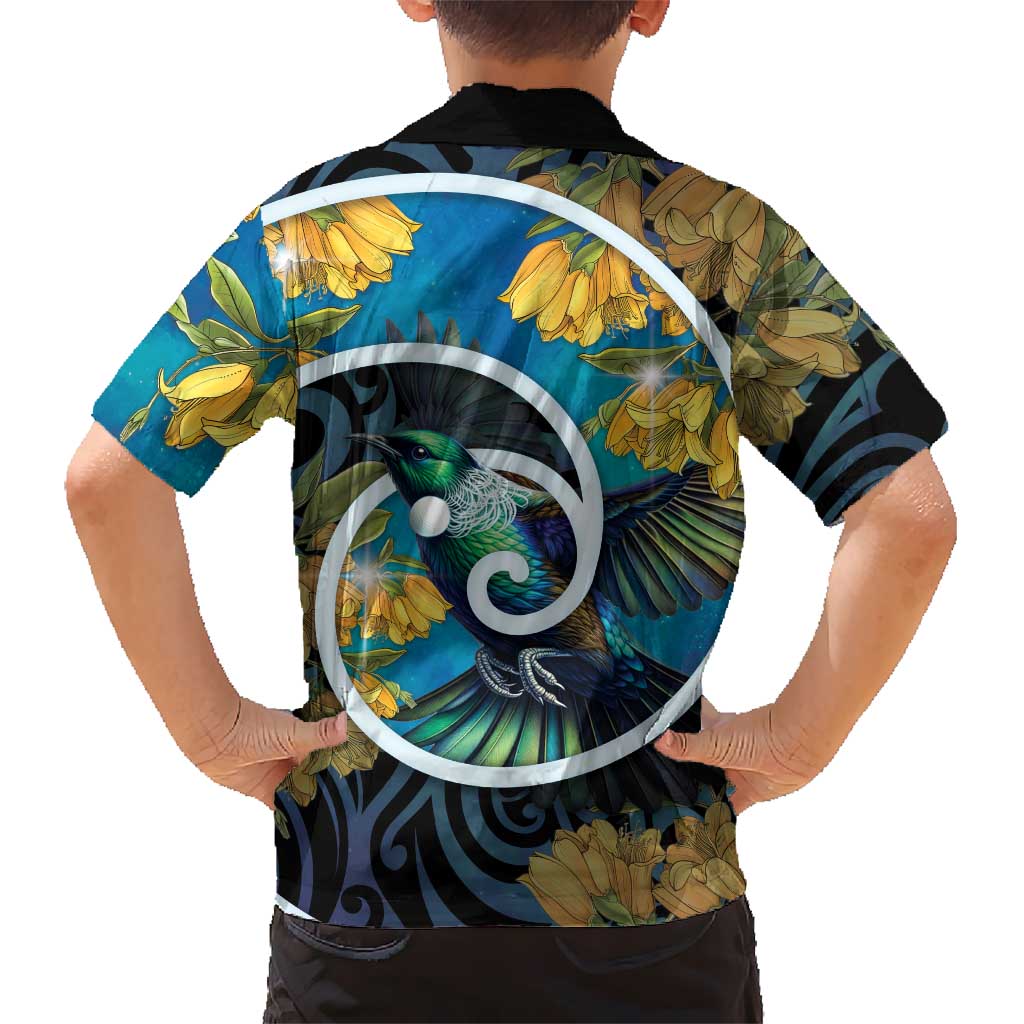 New Zealand Tui Bird Kid Hawaiian Shirt Maori Koru With Kowhai Flowers LT05 - Polynesian Pride