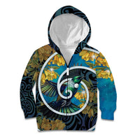New Zealand Tui Bird Kid Hoodie Maori Koru With Kowhai Flowers LT05 Zip Hoodie Black - Polynesian Pride