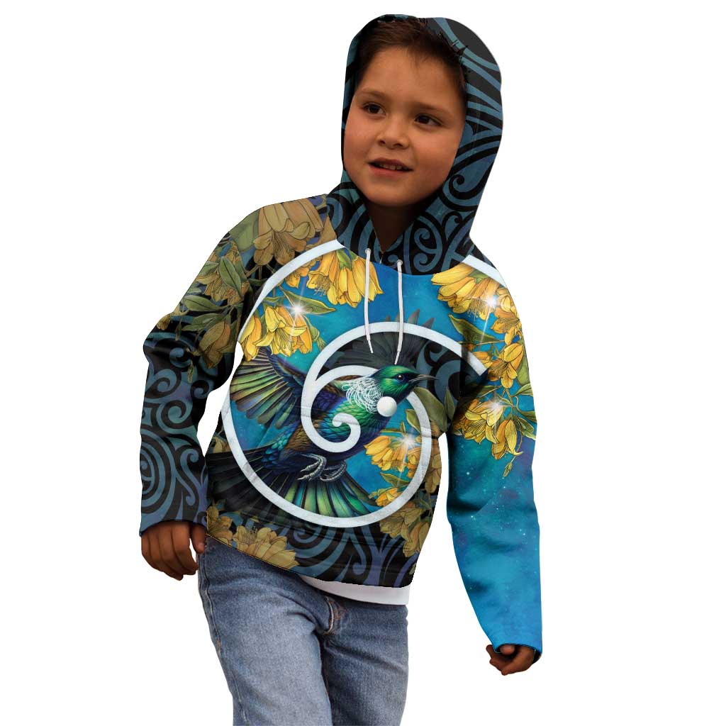 New Zealand Tui Bird Kid Hoodie Maori Koru With Kowhai Flowers LT05 - Polynesian Pride