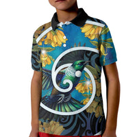 New Zealand Tui Bird Kid Polo Shirt Maori Koru With Kowhai Flowers LT05 Kid Black - Polynesian Pride