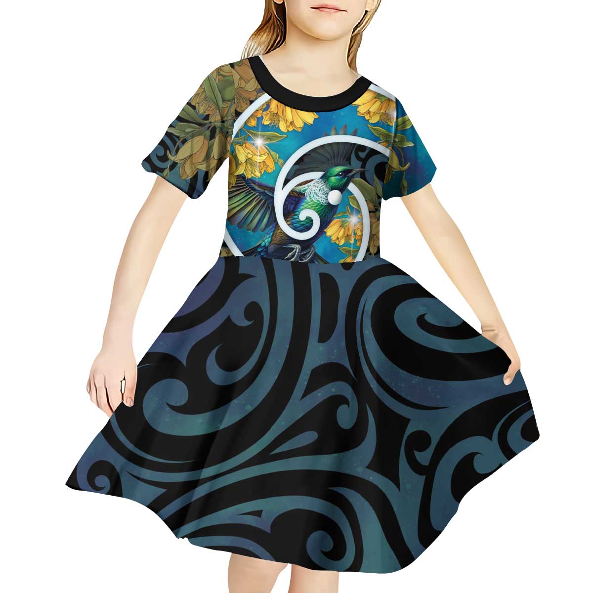 New Zealand Tui Bird Kid Short Sleeve Dress Maori Koru With Kowhai Flowers LT05 - Polynesian Pride