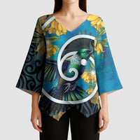 New Zealand Tui Bird Kimono Sleeve Blouse Maori Koru With Kowhai Flowers