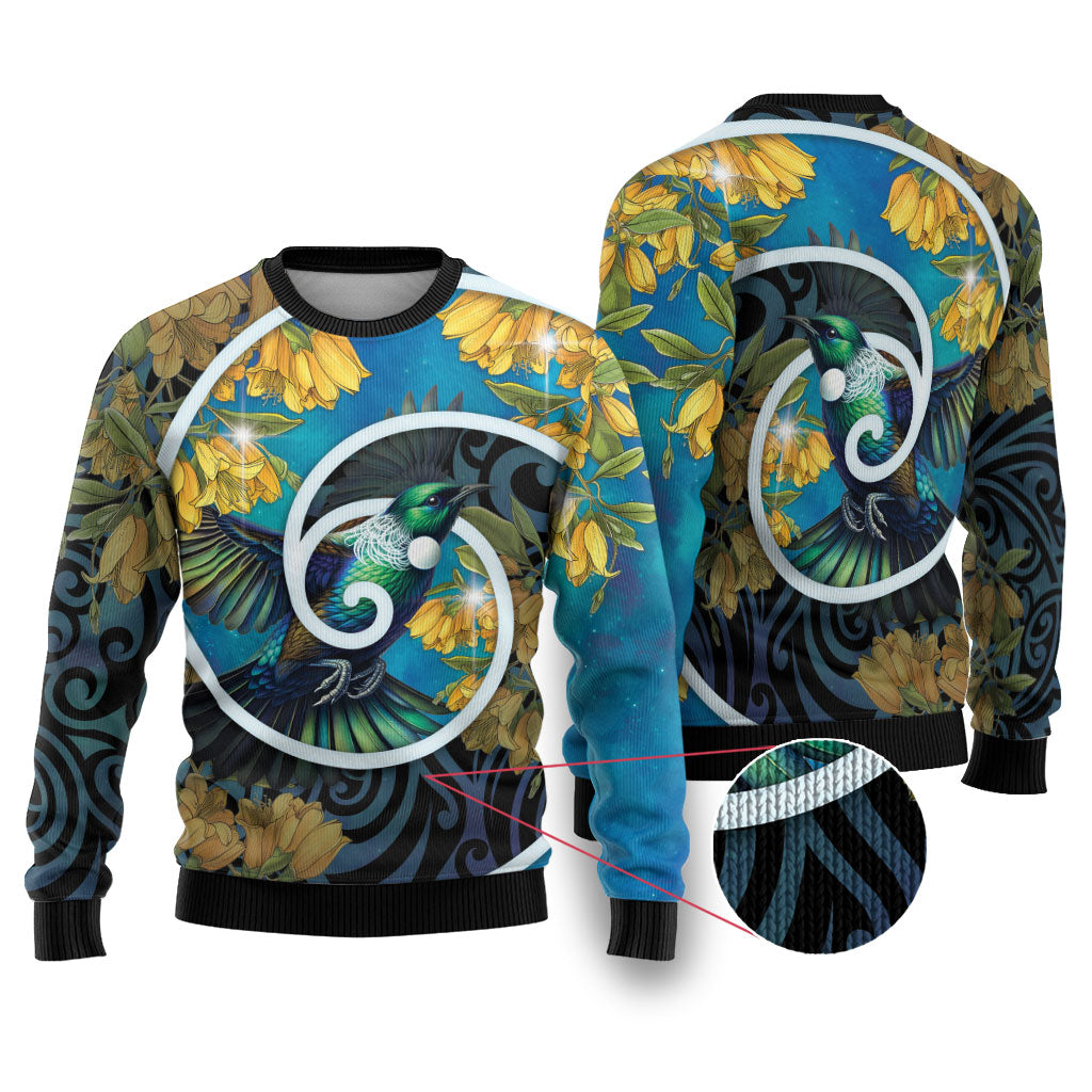 New Zealand Tui Bird Ugly Christmas Sweater Maori Koru With Kowhai Flowers LT05 Black - Polynesian Pride
