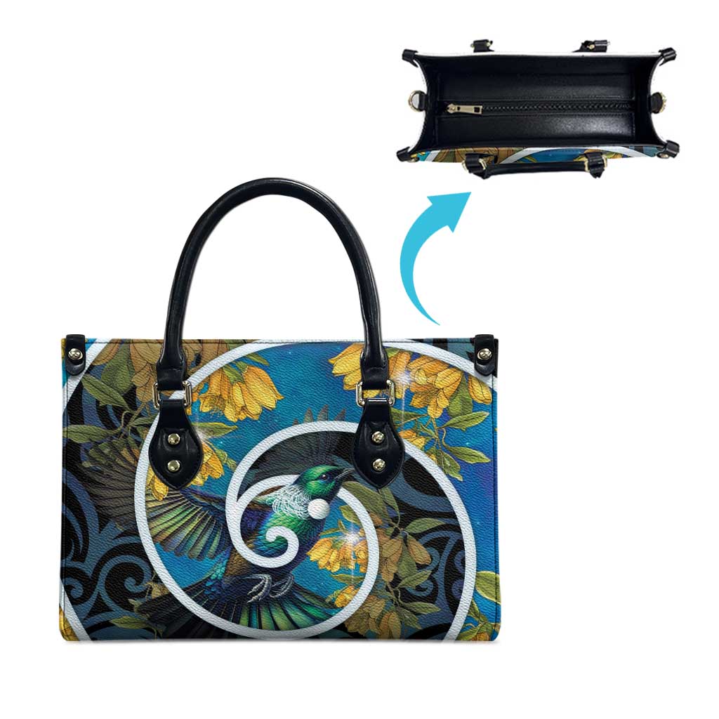 New Zealand Tui Bird Leather Bag Maori Koru With Kowhai Flowers