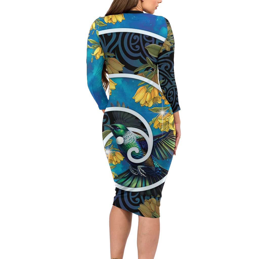 New Zealand Tui Bird Long Sleeve Bodycon Dress Maori Koru With Kowhai Flowers LT05 - Polynesian Pride
