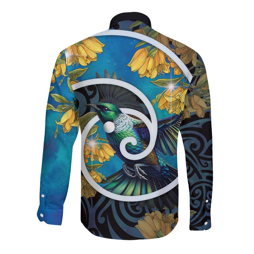 New Zealand Tui Bird Long Sleeve Button Shirt Maori Koru With Kowhai Flowers