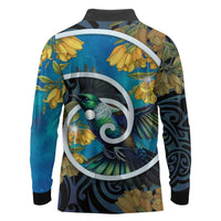 New Zealand Tui Bird Long Sleeve Polo Shirt Maori Koru With Kowhai Flowers LT05 - Polynesian Pride