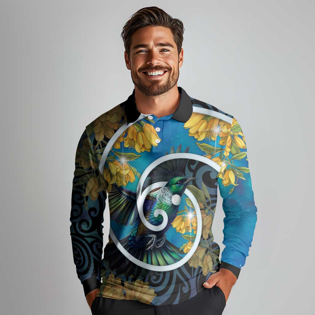 New Zealand Tui Bird Long Sleeve Polo Shirt Maori Koru With Kowhai Flowers LT05 - Polynesian Pride