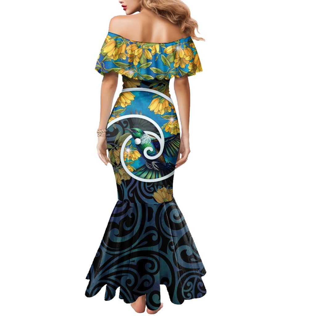 New Zealand Tui Bird Mermaid Dress Maori Koru With Kowhai Flowers LT05 - Polynesian Pride