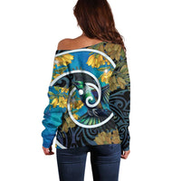 New Zealand Tui Bird Off Shoulder Sweater Maori Koru With Kowhai Flowers
