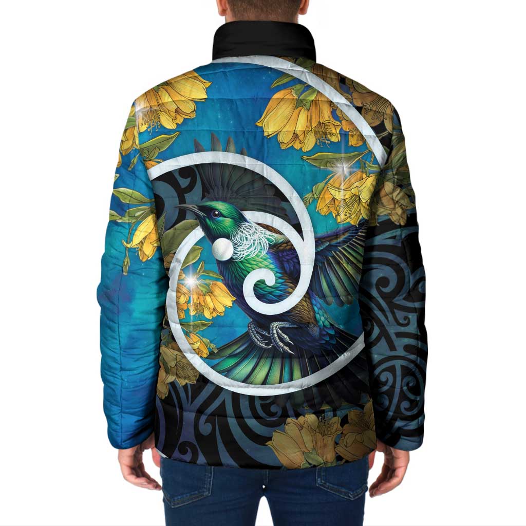 New Zealand Tui Bird Padded Jacket Maori Koru With Kowhai Flowers