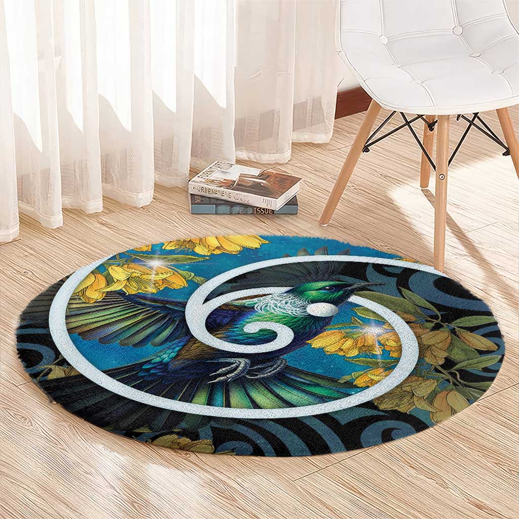 New Zealand Tui Bird Round Carpet Maori Koru With Kowhai Flowers