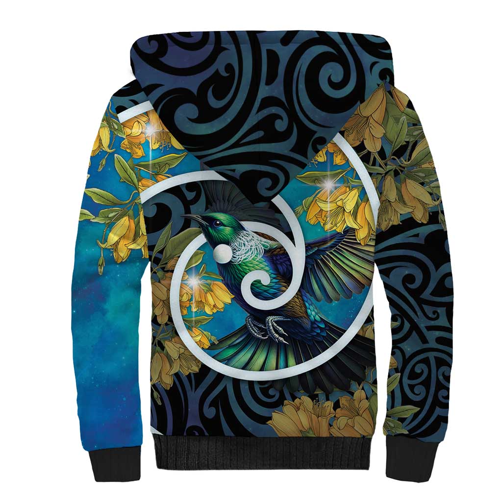 New Zealand Tui Bird Sherpa Hoodie Maori Koru With Kowhai Flowers LT05 - Polynesian Pride