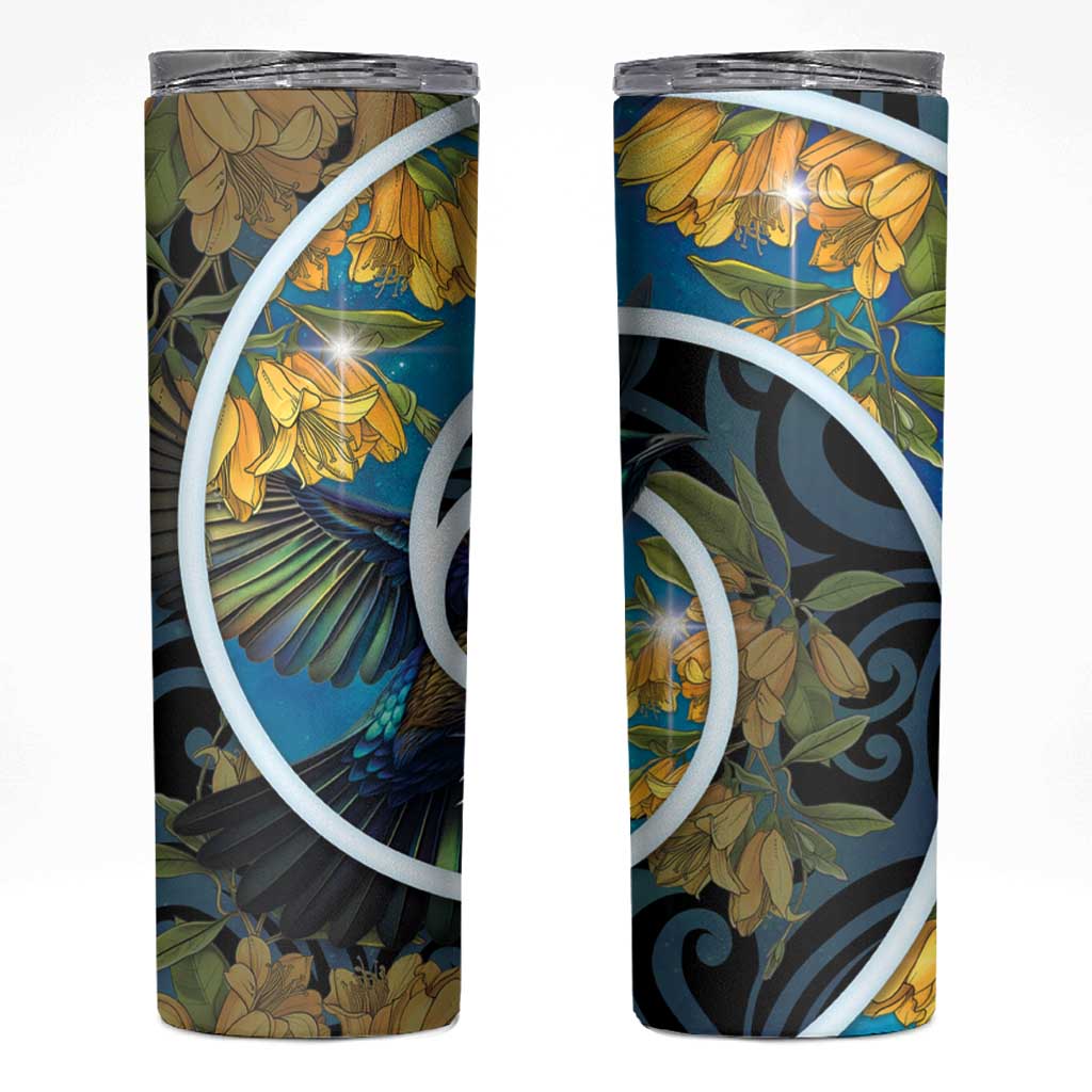 New Zealand Tui Bird Skinny Tumbler Maori Koru With Kowhai Flowers LT05 Black - Polynesian Pride