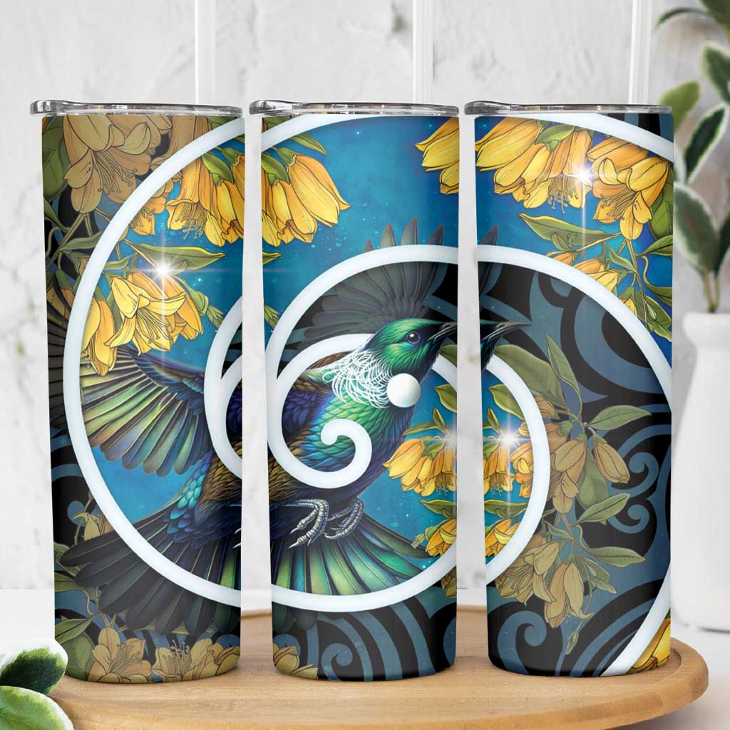 New Zealand Tui Bird Skinny Tumbler Maori Koru With Kowhai Flowers LT05 - Polynesian Pride