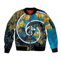 New Zealand Tui Bird Sleeve Zip Bomber Jacket Maori Koru With Kowhai Flowers