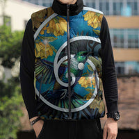 New Zealand Tui Bird Sleeveless Puffer Jacket Maori Koru With Kowhai Flowers