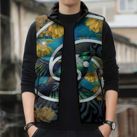 New Zealand Tui Bird Sleeveless Puffer Jacket Maori Koru With Kowhai Flowers