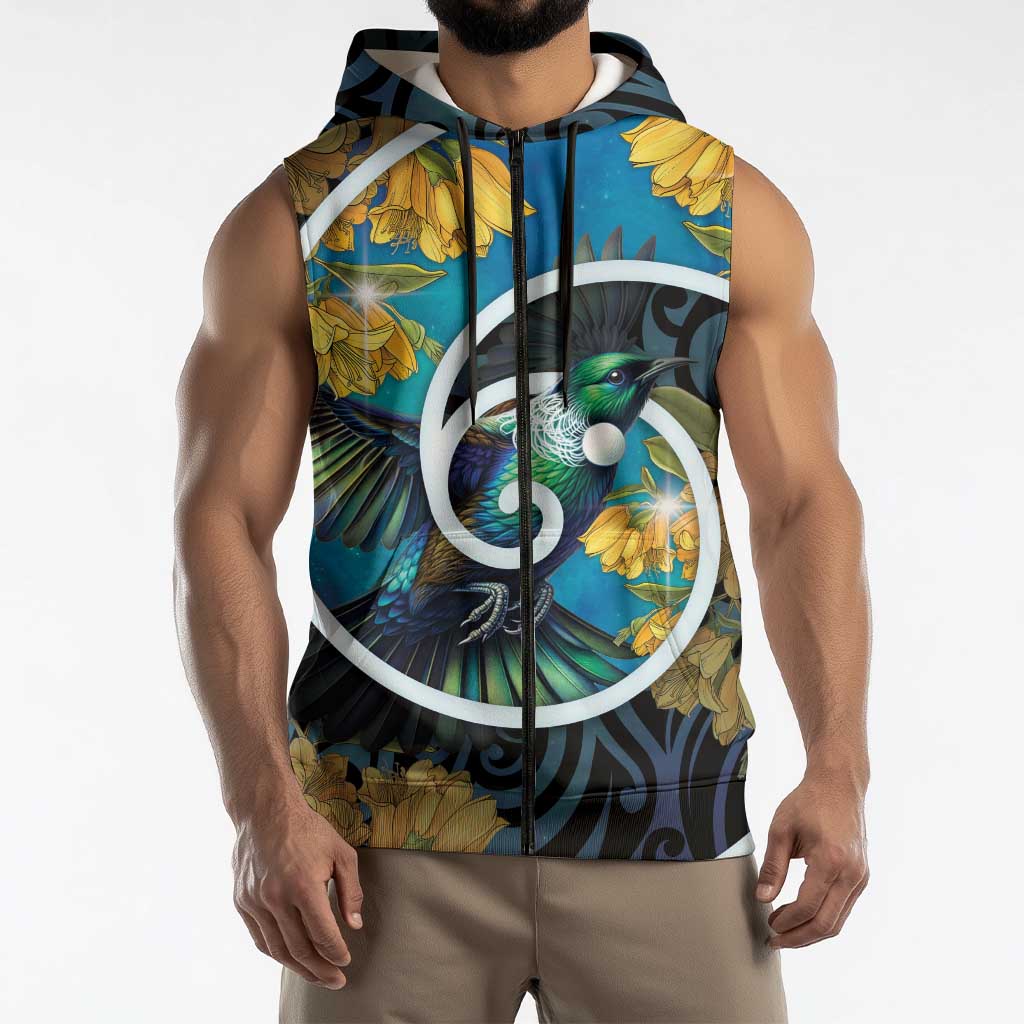 New Zealand Tui Bird Sleeveless Zip Hoodie Maori Koru With Kowhai Flowers LT05 - Polynesian Pride