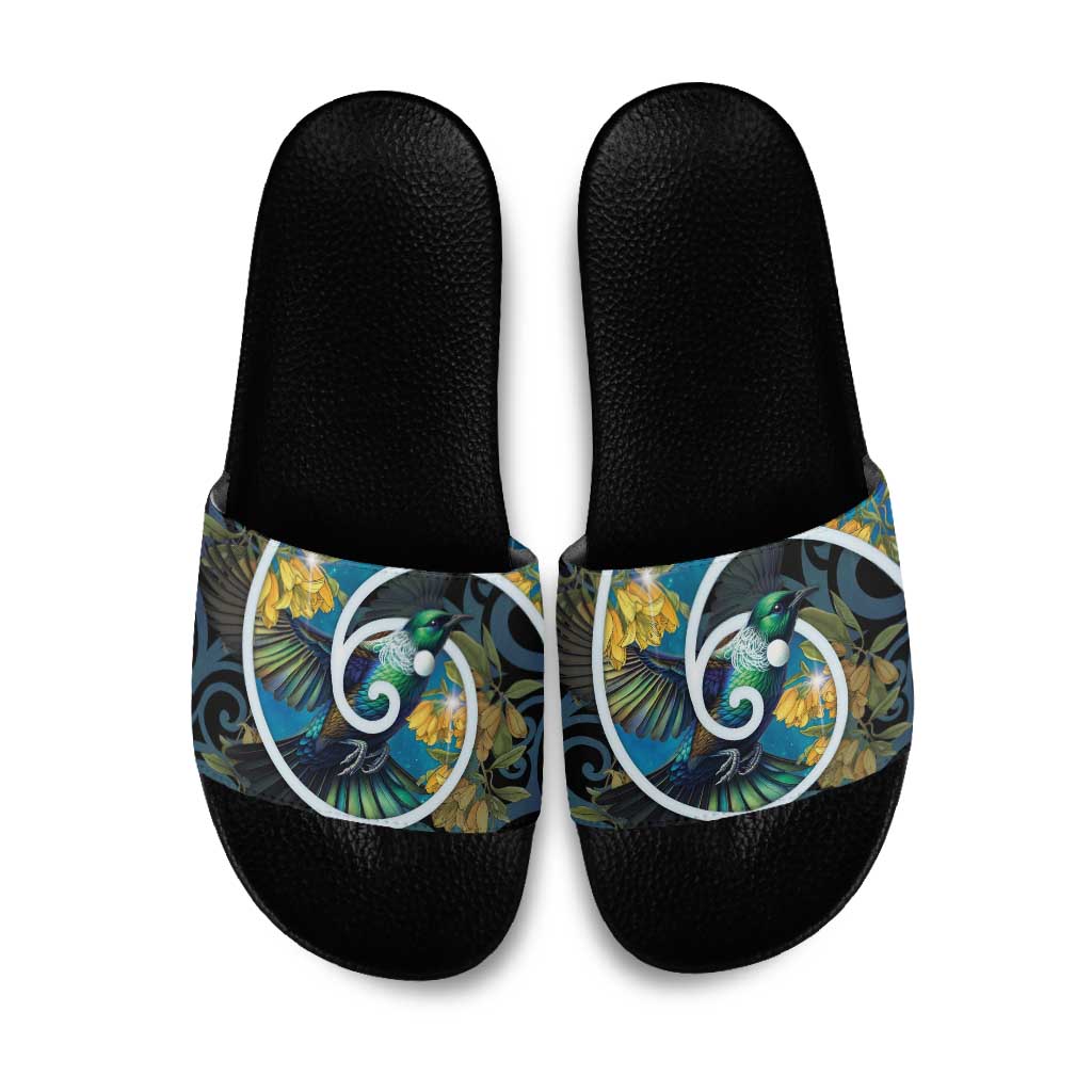 New Zealand Tui Bird Slide Sandals Maori Koru With Kowhai Flowers