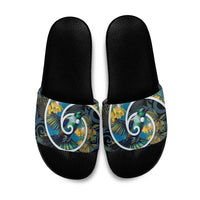 New Zealand Tui Bird Slide Sandals Maori Koru With Kowhai Flowers