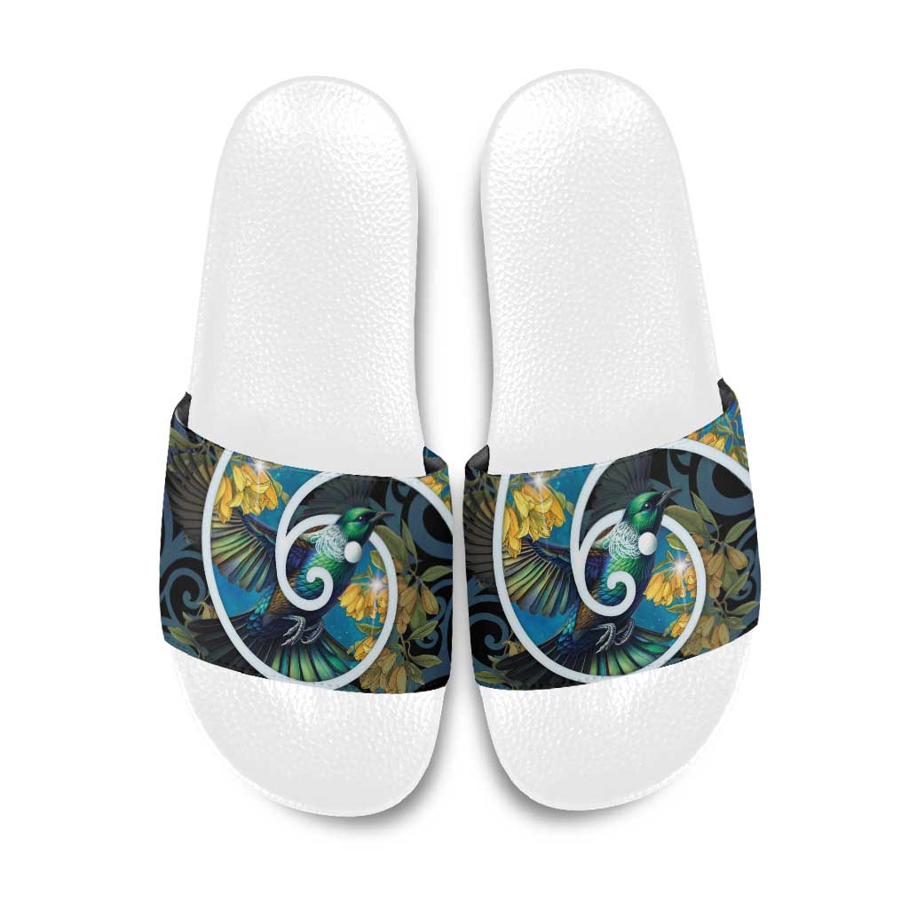 New Zealand Tui Bird Slide Sandals Maori Koru With Kowhai Flowers