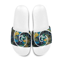 New Zealand Tui Bird Slide Sandals Maori Koru With Kowhai Flowers