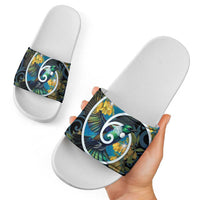 New Zealand Tui Bird Slide Sandals Maori Koru With Kowhai Flowers