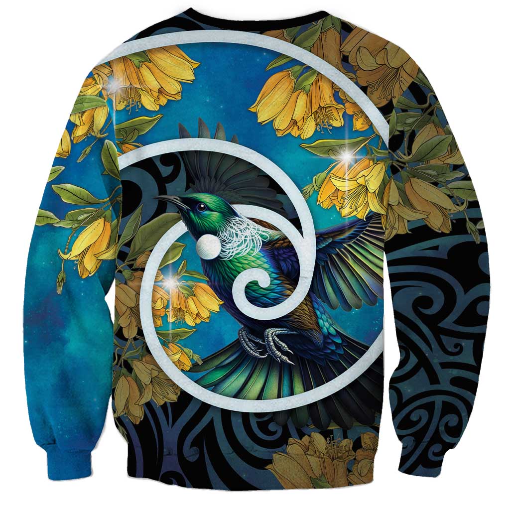 New Zealand Tui Bird Sweatshirt Maori Koru With Kowhai Flowers